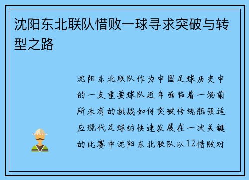 沈阳东北联队惜败一球寻求突破与转型之路