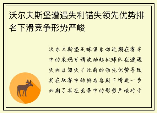 沃尔夫斯堡遭遇失利错失领先优势排名下滑竞争形势严峻